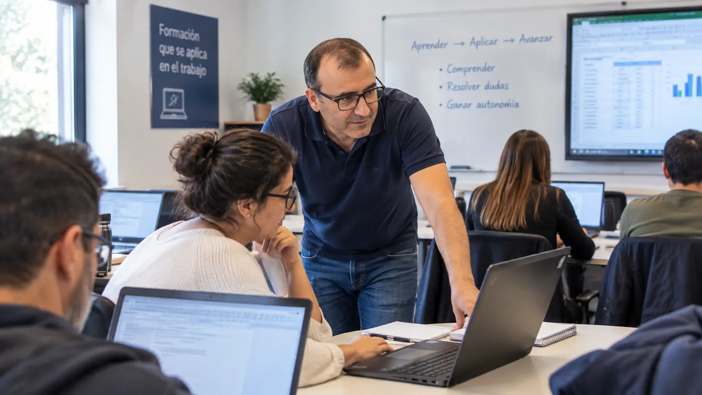 Pablo Álvaro ayudando a una alumna en un aula con ordenadores